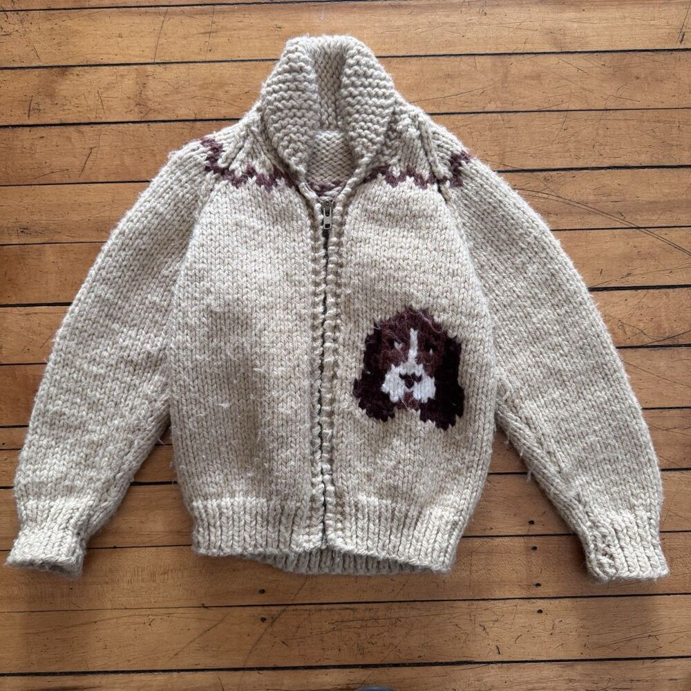 Vintage 70’s  Dog  Knit Cardigan Youth Sweater Sz Small Zip Brown Cream Tan Vtg